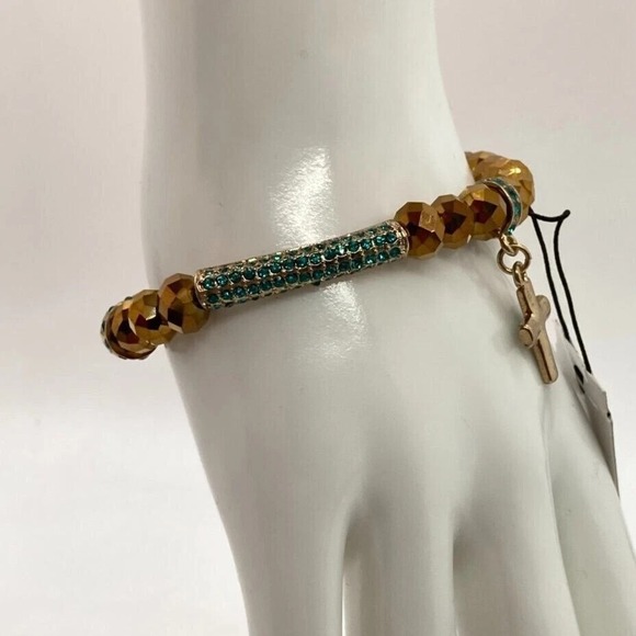 APT. 9 Gold Tone Stretch Bracelet with Faceted Beads & Green Pave Cross Charm - Picture 4 of 13